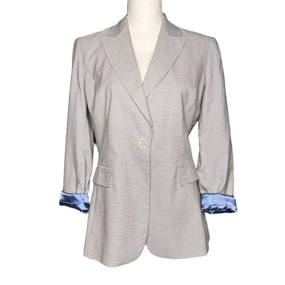 Tahari Size 8 White Blue Windowpane Blazer Jacket Snap Closure Single Breasted - Picture 1 of 11